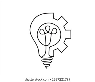 Continuous line drawing of Lightbulb with cogwheel on white isolated background. Idea business concept.