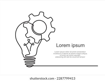 Continuous line drawing of Lightbulb with cogwheel on white isolated background. Idea business concept.