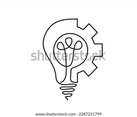 Continuous line drawing of Lightbulb with cogwheel on white isolated background. Idea business concept.