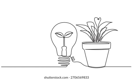 Desenho de linha contínua de lâmpada com planta e conceito de planta em vaso