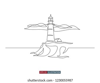 Continuous line drawing of lighthouse. Template for your design works. Vector illustration.