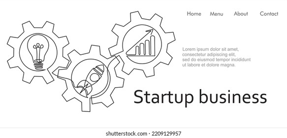 Continuous line drawing of lights bulb, rocket launch, ship and graph going up inside gears. Continuous line drawing. Startup business. Vector illustration. Isolated on white background. 