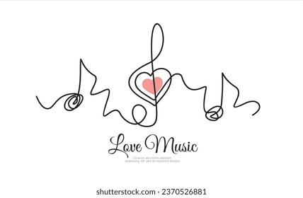 continuous line drawing of listening music wuth sound heart and note. Can used for logo, emblem, slide show and banner.