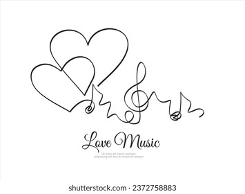 continuous line drawing of listening music wuth sound heart and note. Can used for logo, emblem, slide show and banner