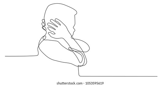 Continuous line drawing of little boy hands off the ear, Stubborn not listen on white background, children feel stressed.