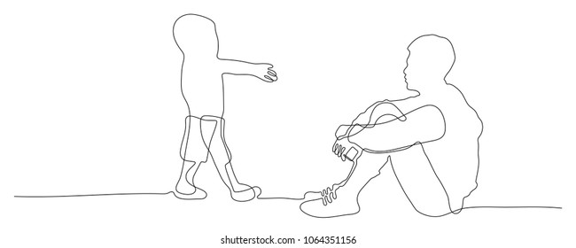 Continuous line drawing of little boy giving hand to depressed young man.