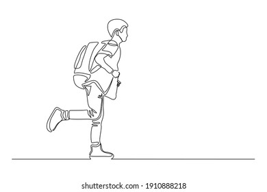 Continuous line drawing of little boy or man walking on the street. Concept of student, person with bag going to school. Vector illustration