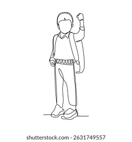 Dibujo de línea continua de niño pequeño con mochila caminando por la calle. Concepto de estudiante persona con bolsa ir a la escuela. Trazo editable de boceto de Ilustración vectorial