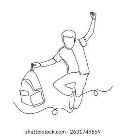 Continuous line drawing of little boy with backpack walking on the street. Concept of student person with bag go to school. Vector illustration sketch editable stroke