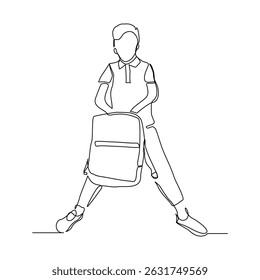 Continuous line drawing of little boy with backpack walking on the street. Concept of student person with bag go to school. Vector illustration sketch editable stroke
