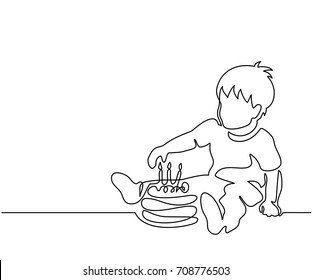 Continuous line drawing. Little boy with birthday cake. Vector illustration