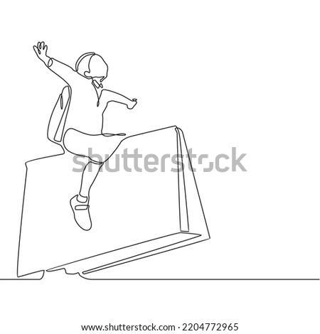 continuous line drawing of a little boy on a victor book illustration art
