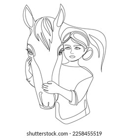 Continuous line drawing little child girl with horse Minimal art vector illustration.Love for animals concept.People and animal.Girl and horse liner design for poster,coloring,print,emblem 
