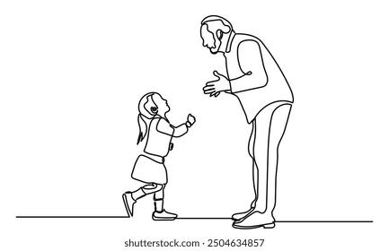 Continuous line drawing of a little girl running toward an elderly man.
single-line art of granddaughter or Elderly grandfather isolated on a white background. 