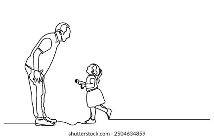Continuous line drawing of a little girl running toward an elderly man.
single-line art of granddaughter or Elderly grandfather isolated on a white background. 