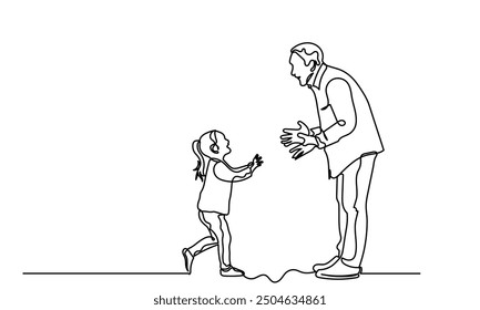 Continuous line drawing of a little girl running toward an elderly man.
single-line art of granddaughter or Elderly grandfather isolated on a white background. 