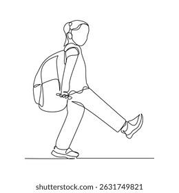 Continuous line drawing of little girl with backpack walking on the street. Concept of student person with bag go to school. Vector illustration sketch editable stroke