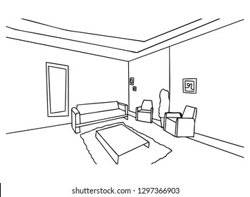 Continuous line, drawing of
The living room furniture Fort vector illustration.