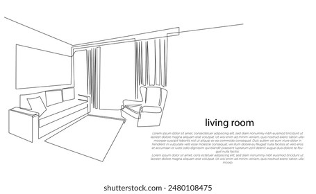 continuous line drawing of living room.one line drawing of modern living room interior.single line vector illustration.isolated white background