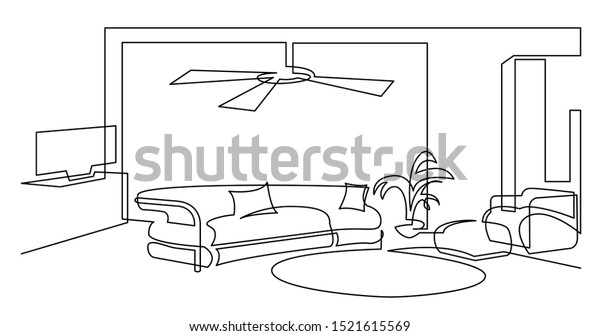 continuous line drawing of living room with sofa tv and armchair