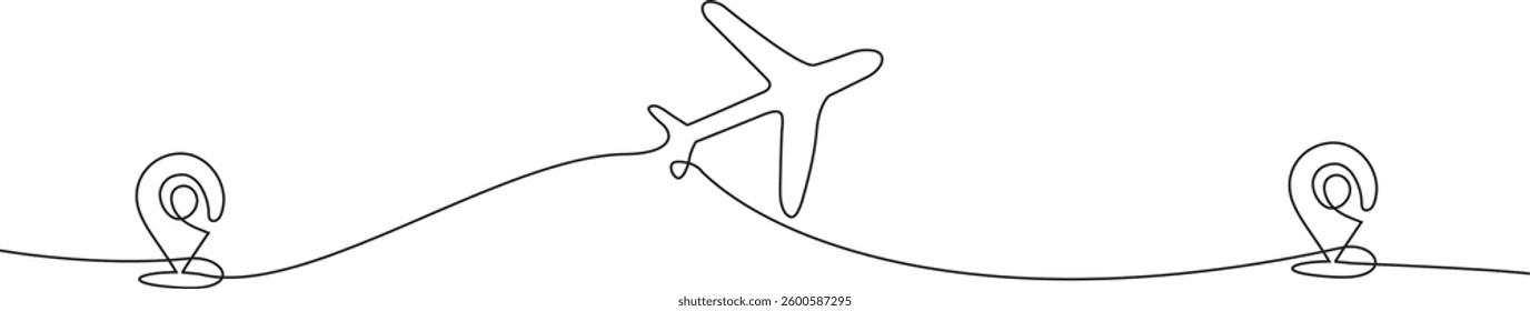 Continuous Line Drawing of Location Icon and Airplane.Travel Concept 