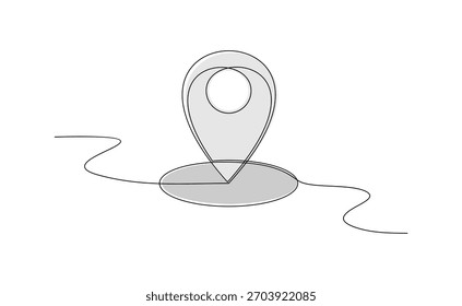Desenho de linha contínua de um pino de localização com caminho. Marcação geográfica desenhada à mão.
