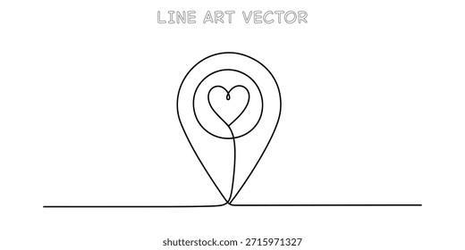 Desenho de linha contínua de um pino de localização com um coração dentro. Design minimalista simbolizando amor, viagem ou um lugar especial. Elemento gráfico moderno. Ilustração vetorial