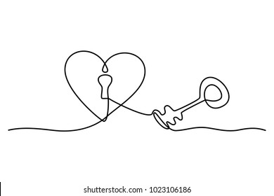 Continuous line drawing  Lock   key  Heart shape  Valentine's day  Template for love cards   invitations  Isolated white background  Hand drawn vector illustration  