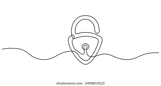 Continuous line drawing of a lock on a white background. Lock line icon. One line drawing background. Vector illustration. Lock solid line icon.