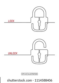 Continuous line drawing of lock and unlock symbols. Protection symbol. Template for your design. Vector illustration.
