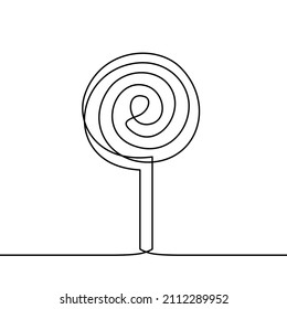 Continuous line drawing of lollipop, spiral hard sugar candy on stick. Vector sketch of round caramel with striped swirls in one black contour isolated on white background
