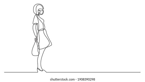 continuous line drawing of lonely standing girl wearing face mask