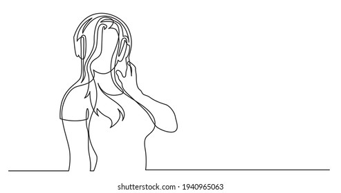 continuous line drawing of long hair style woman relaxing listening music in headphones