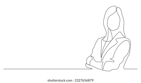 continuous line drawing of long hair woman leader arms crossed pose with bold and confident expression vector business concept