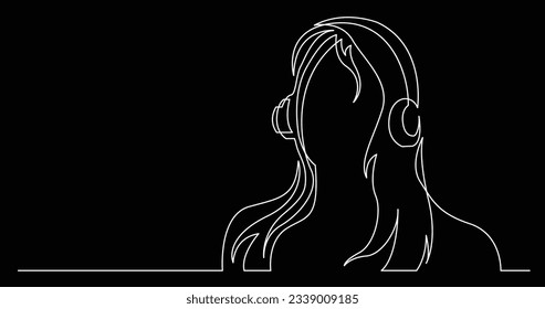 dibujo de línea continua de una mujer de pelo largo escuchando música en auriculares