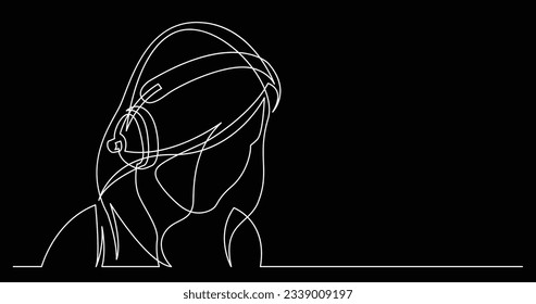 continuous line drawing of long hair style woman relaxing listening music in headphones