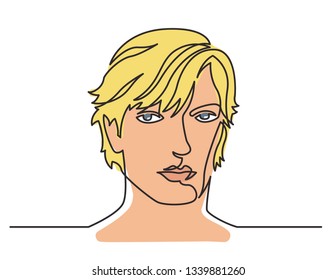 continuous line drawing of long haired man portrait on white background