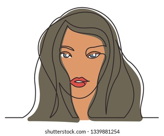 continuous line drawing of long hairstyle woman portrait on white background