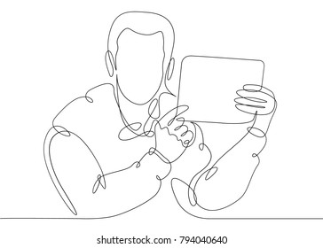 continuous line drawing looking video man businessman behind laptop