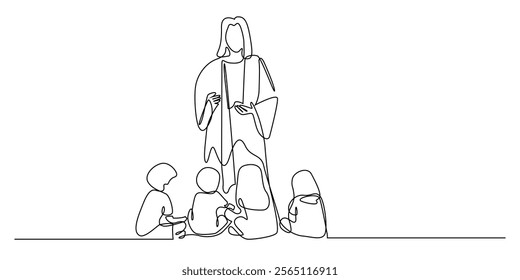 continuous line drawing of the Lord Jesus telling stories to children. one line drawing of the Lord Jesus surrounded by children. simple single line vector illustration. isolated on white background