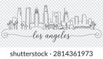 Continuous line drawing of Los Angeles city skyline with famous landmarks, palm trees, and Hollywood sign, minimalist vector illustration.