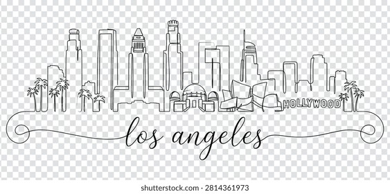 Continuous line drawing of Los Angeles city skyline with famous landmarks, palm trees, and Hollywood sign, minimalist vector illustration.