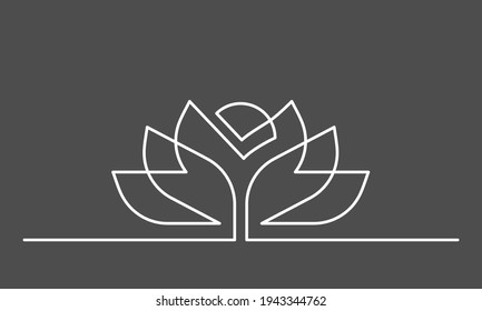 Continuous line drawing of lotus flower on grey background. Single line drawing of beautiful water lily for floral design or logo. Vector illustration