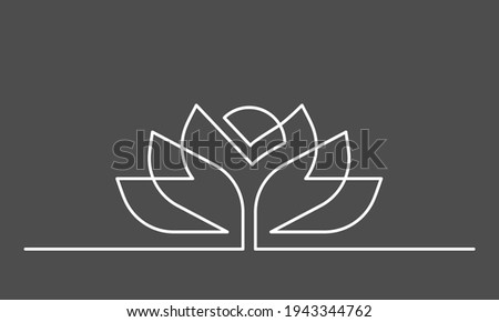 Continuous line drawing of lotus flower on grey background. Single line drawing of beautiful water lily for floral design or logo. Vector illustration
