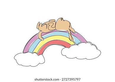Desenho de linha contínua de cão de cachorro doméstico amável espalhando-se em suas costas em uma pose supine enquanto descansa sobre um arco-íris caprichado.