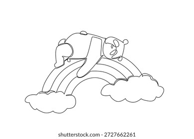 Dibujo de línea continuo de adorable oso panda gigante esponjoso durmiendo en posición supina en vibrante arco iris descansando entre dos nubes blancas. concepto de naturaleza tema de bosque de bambú para el Día Nacional del Panda