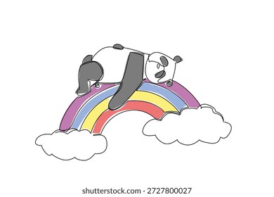 Dibujo continuo de líneas de adorable panda gigante acostado supino sobre el arco iris con marcas icónicas en blanco y negro, suavemente apoyado por nubes esponjosas. Concepto de Naturaleza Tema de la vida silvestre asiática para el Día Mundial del Panda