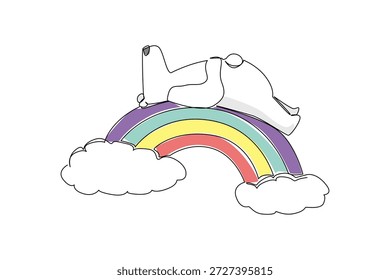 Kontinuierliche Linienzeichnung eines liebenswerten weißen Eisbären, der bequem in Rückenlage auf einem lebendigen Regenbogenbogen zwischen zwei weichen Wolken ruht. Naturkonzept arktisches Thema für den Weltpolarbärentag