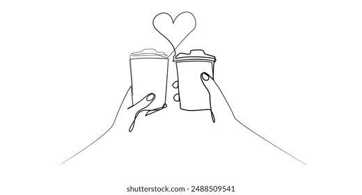 dibujo de línea continua de love coffee.dibujo de línea minimalista que forma manos, taza de café y amor.Ilustración vectorial de una sola línea de la mano haciendo un brindis con café