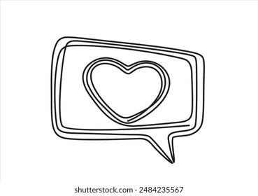 Continuous line drawing of love feelings in speech bubbles. Symbol of love in a feeling bubble. For Valentine's Day greeting cards, lover's birthday, love greetings for couples. love in doodle style.